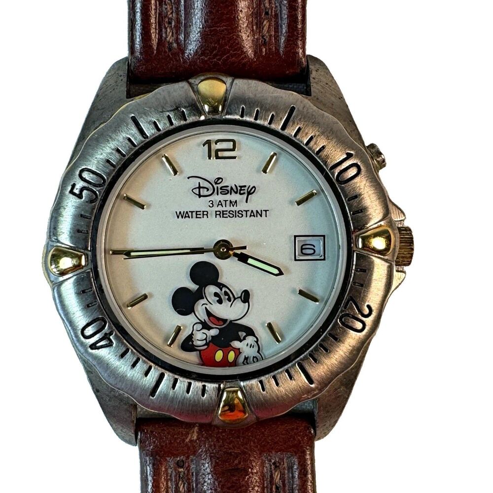 Vintage Disney Time Works Mickey Mouse Watch Two Tone Date Leather Strap 3ATM